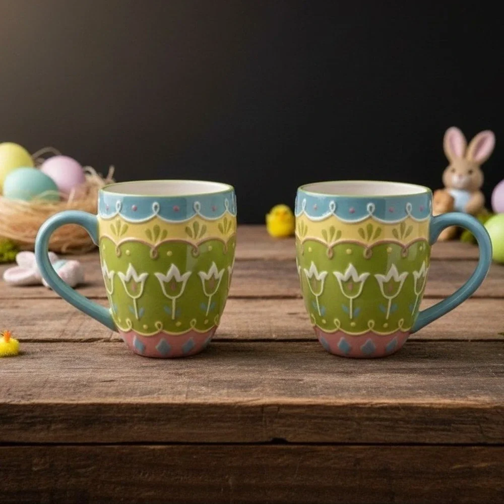 Pier 1 Imports Easter Egg Mugs, Set of‎ 2, 3D Textured Ceramic Coffee Cups